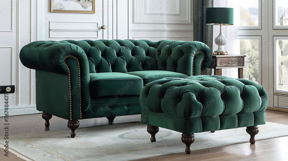 Wall mural This image showcases a luxurious green velvet armchair paired with a matching ottoman. - Wall murals