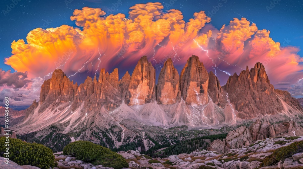 Poster a picture of a mountain range with a lot of clouds in the sky and lightning in the sky above it.