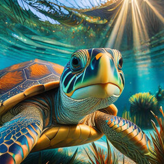 gros plan d'une tortue sous-marine - obrazy, fototapety, plakaty