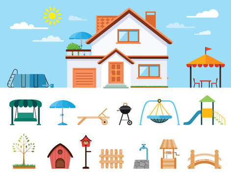 Flat icons of house and and home and garden equipment. Set of various gardening items.