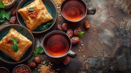 Homemade baklava and tea cups on stone marble background. Sundried dates, arabian sweets for  Ramadan. Top view, ai generated