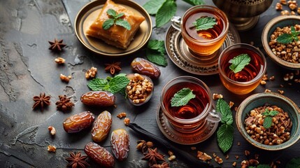 Homemade baklava and tea cups on stone background. Sundried dates, arabian sweets for  Ramadan. Top view, ai generated