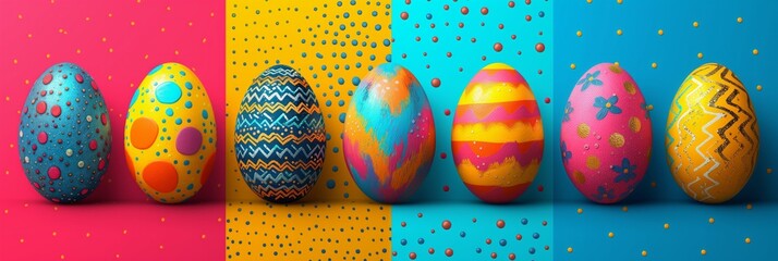 Vibrant easter eggs on colorful backgrounds