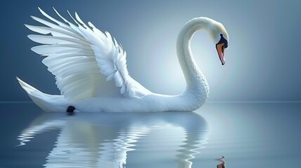  a white swan floating on top of a body of water next to a small bird with it's wings spread.