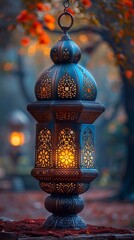 Lantern on park background, islamic congratulation card. Aid, Ramadan, Curban celebration banner with place fot text. AI generated