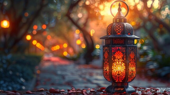 Lantern on park background, islamic congratulation card. Aid, Ramadan, Curban celebration banner with place fot text. AI generated