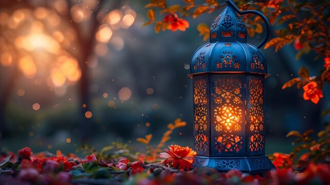 Lantern on park background, islamic congratulation card. Aid, Ramadan, Curban celebration banner with place fot text. AI generated