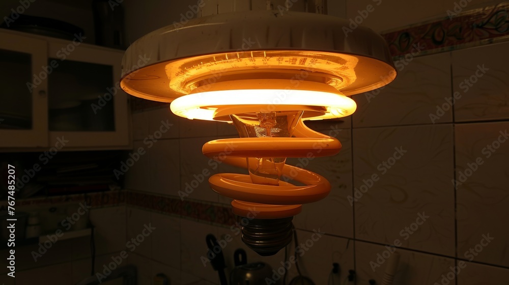 Poster a close up of a light fixture in a kitchen with a tile wall behind it and a counter top with utensil