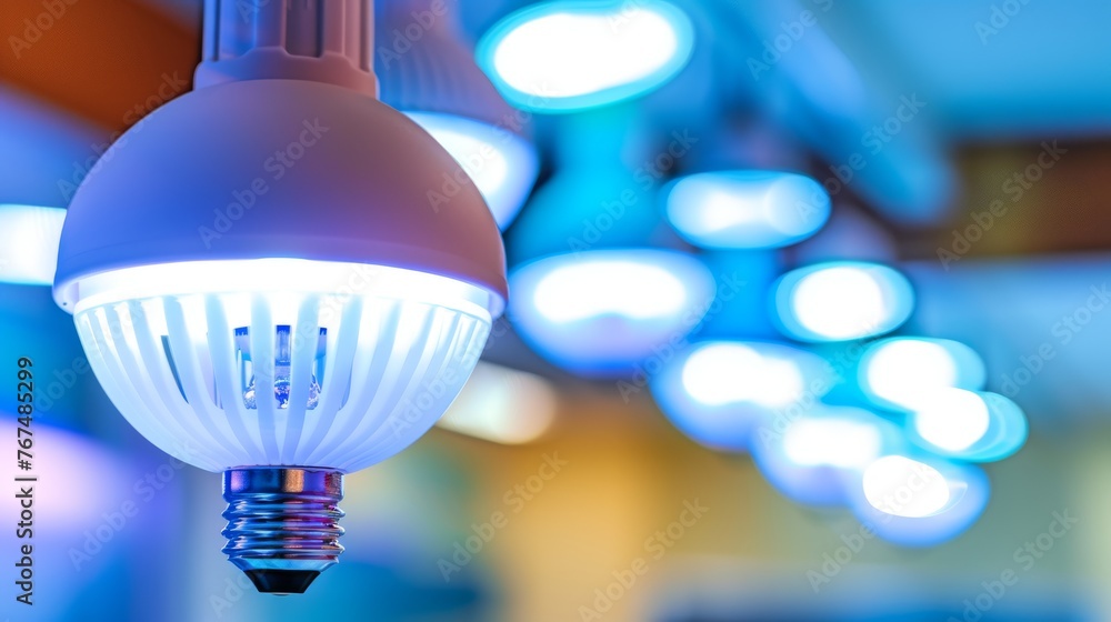 Poster a light bulb hanging from a ceiling in a room with lights on the ceiling and a ceiling fan hanging f
