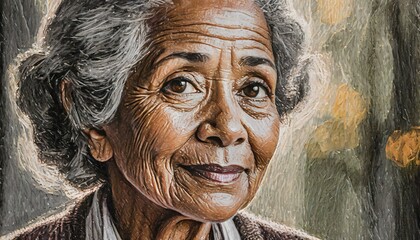 A wise elderly woman with deep, expressive eyes, her face telling a story of a lifetime of experiences, sat quietly on the worn wooden bench in the park. Her gaze, both serene and knowing, seemed to 