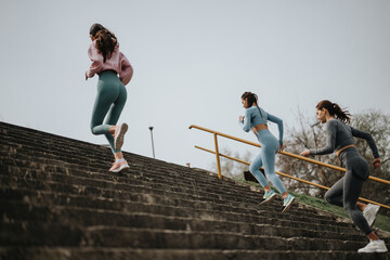 Outdoor workout with friends, capturing three women in sportswear running up steps, illustrating an active lifestyle.