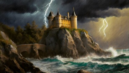A majestic castle on a cliff overlooking a stormy sea, with waves crashing against the rock - obrazy, fototapety, plakaty