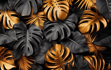 Gold and Black Monstera Leaves Pattern background banner.