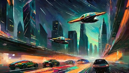 A futuristic cityscape at night, glowing with neon lights and bustling with flying cars, - obrazy, fototapety, plakaty