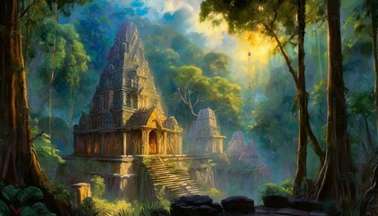 An ancient city hidden in a lush rainforest, with intricate temples and towering trees - obrazy, fototapety, plakaty