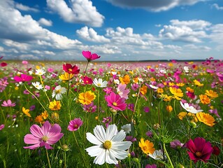 Cosmos flowers swaying in the breeze under an endless blue sky