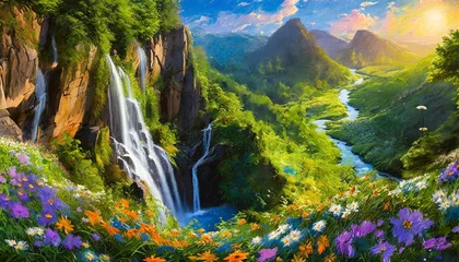 Fotobehang A majestic waterfall cascading down a lush green mountainside, surrounded by vibrant  © Nandu Katangaza