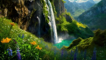 Naklejka na ściany i meble A majestic waterfall cascading down a lush green mountainside, surrounded by vibrant 