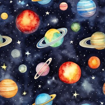 Celestial planets in the solar system, watercolor illustration seamless pattern