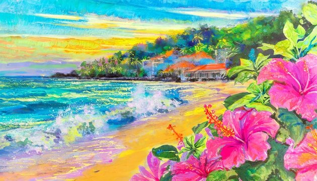 watercolor painting landscape. colors cerulean blue and hibiscus pink, illustrate a beach scene at sunset