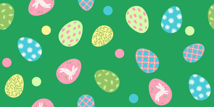Green background with a variety of colorful Easter eggs and dots, seamless pattern, vector
