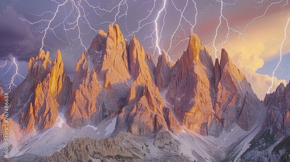 Poster a very tall mountain with a lot of lightning in it's sky and a lot of rocks in front of it.