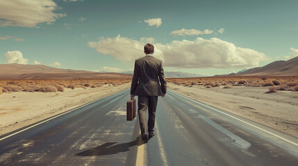 Fototapeta premium businessman walking on an empty road on a long journey