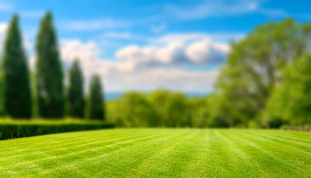 Blurred background image of trimmed lawn surrounded by trees against a blue sky on a sunny day. 