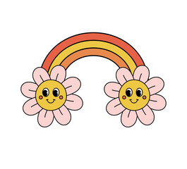 Vector groovy retro cartoon rainbow with flowers isolated on white background