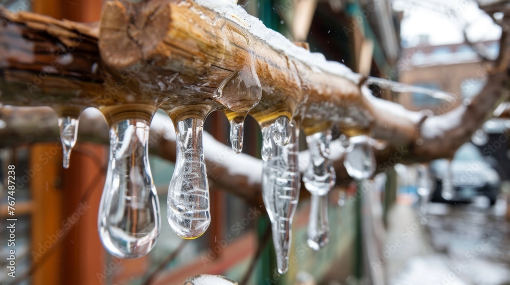 Poster icicles hanging from a tree branch in front of a building with a car parked on the side of the road.