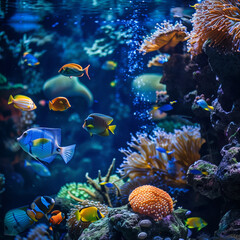 Naklejka na ściany i meble Underwater Wonders: Exotic Fish and Coral Reefs in an Aquarium