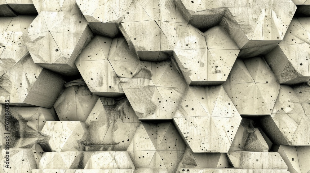 Poster a black and white photo of a wall made up of hexagonal blocks with holes in each of them.