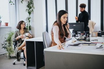 Busy office setting with a focused woman on a phone call, a relaxed colleague with coffee, and a man in the background.