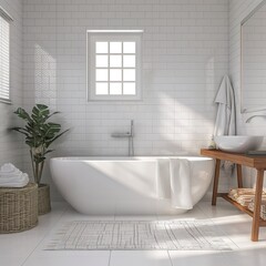 A spacious bathroom featuring a large white bathtub situated next to a modern sink. - obrazy, fototapety, plakaty