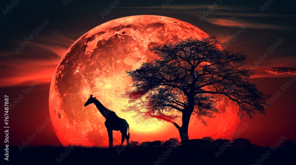 Poster a silhouette of a giraffe standing next to a tree in front of a red moon with a red sky.