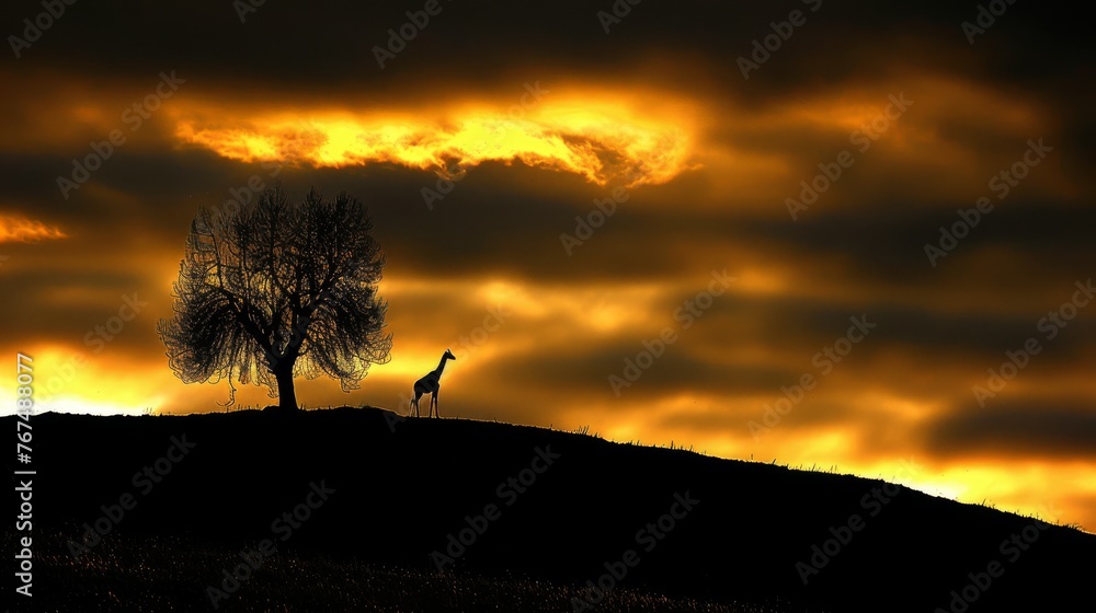 Poster  a giraffe standing next to a tree on a hill under a cloudy sky with a lone tree in the foreground.