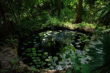 A cenote with lily pads surrounded by trees in the forest.