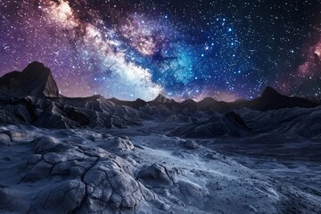 Starry sky, Milky Way galaxy in the background, starry night sky, alien landscape with rock formations, scifi fantasy photography