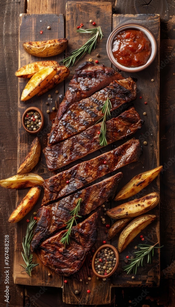 Poster classic steak and fries on wooden table top view with ample space for text placement