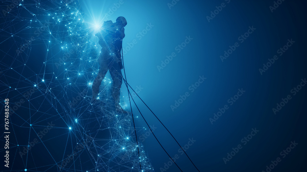 Poster man climbing to the top. digital vector wireframe of human holding flag in dark blue. career or pers