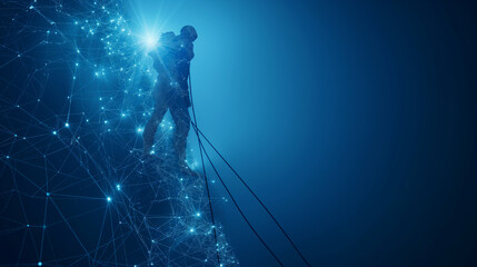 man climbing to the top. Digital vector wireframe of human holding flag in dark blue. Career or personal growth concept. Low poly monochrome mesh with connected dots, lines and shapes. - obrazy, fototapety, plakaty