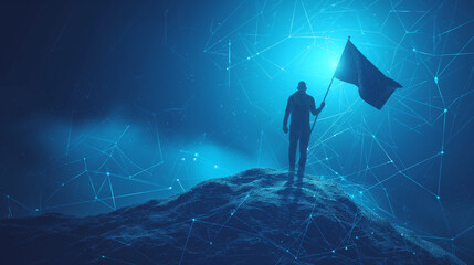 man climbing to the top. Digital vector wireframe of human holding flag in dark blue. Career or personal growth concept. Low poly monochrome mesh with connected dots, lines and shapes. - obrazy, fototapety, plakaty