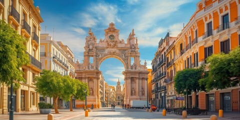 A clock tower protruding in the middle of a bustling city street in Monumentos de Murcia, Spain. - obrazy, fototapety, plakaty