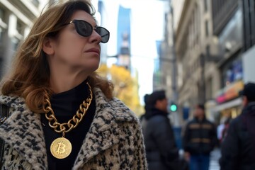 A woman stylishly wears a necklace made of gold coins and sunglasses.