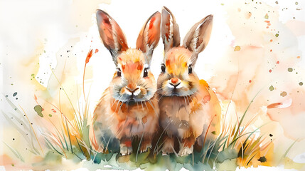 Rabbits in the meadow. Watercolor illustration on a white background