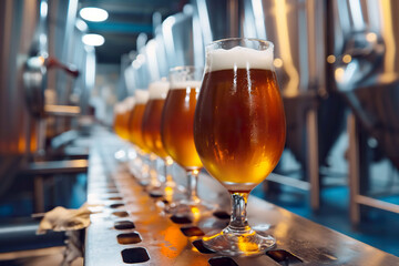 A glass of beer is placed on top of a wooden table in a brewery. - obrazy, fototapety, plakaty