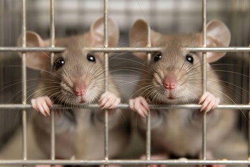 Two laboratory mice confined in a cage, gazing at the camera.