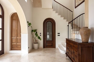 Foyer featuring staircase, wooden dresser with vase, and venetian stucco wall with arched doorway.