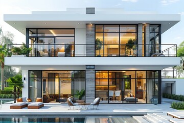 A contemporary building with a pool in front, featuring large windows, sleek design, and lush plants. This modern real estate boasts a stylish facade and highquality building materials - obrazy, fototapety, plakaty