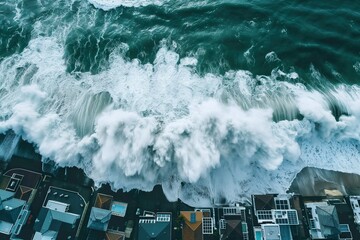Tidal wave approaching houses near the ocean from an aerial perspective.